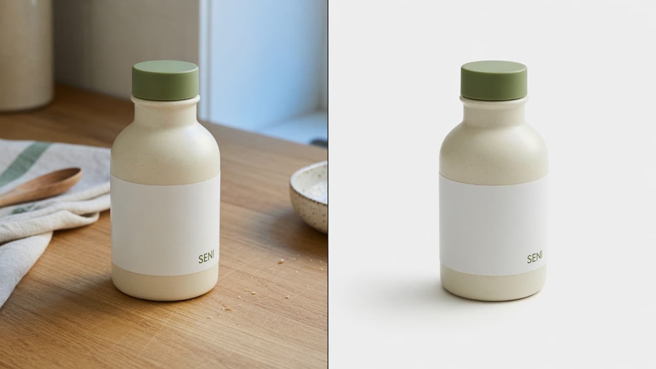 Side-by-side phone photo and clean listing result of the same product